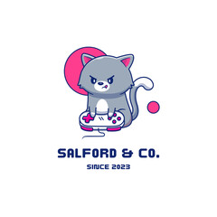 White, Grey and Pink Illustrated Cat Esport
