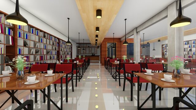 interior design, modern restaurant with bookshelves and windows background. 3d renders