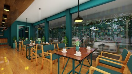 Free photo restaurant setting with chairs, wooden table and window background. 3d renders