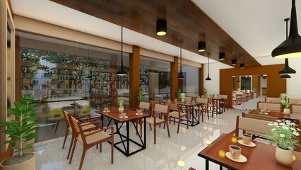 Free photo restaurant setting with chairs, wooden table and window background. 3d renders