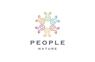 community with people and leaf logo design and line art