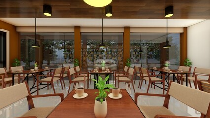 Free photo restaurant setting with chairs, wooden table and window background. 3d renders