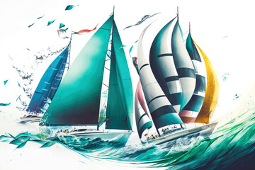 Sailing regatta. Sailing in the wind through the waves at the Sea. Generative AI - obrazy, fototapety, plakaty