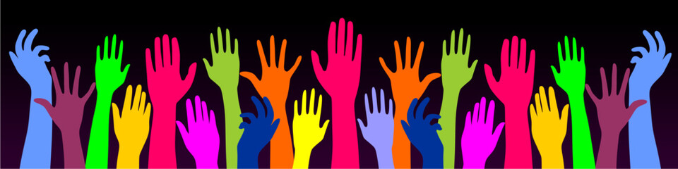 Multiethnic people community integration concept with raised human hands., Colorful up hand background
