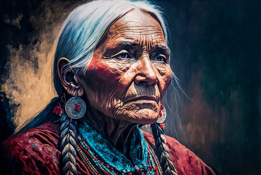 Cherokee old woman portrait, Old West. Generative AI