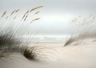 Beach grass sea shore, sand dune, cloudy sky landscape art illustration 