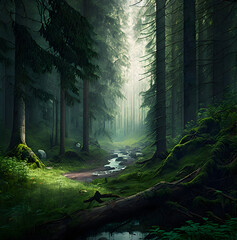 Forest with rocky stream, tall fir trees, lush green misty nature landscape digital art illustration
