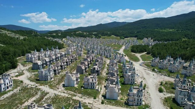 BOLU, TURKEY - JUNE, 2022: Aerial view of Burj Al Babas, development project of many french style mansions, now abandoned and frozen.