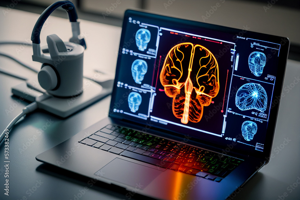 Aufkleber medicine doctor analysis diagnose checking brain testing result with modern virtual screen interface