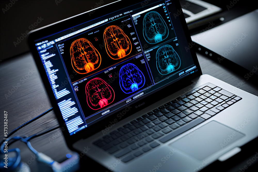 Aufkleber medicine doctor analysis diagnose checking brain testing result with modern virtual screen interface