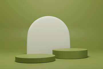 3d green cylinder podium pedestal product display with empty blank white panel backdrop. 3d mockup illustration