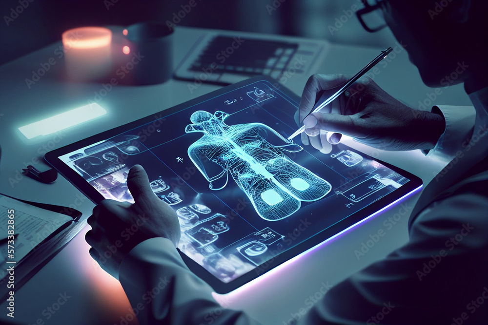 Aufkleber scientist working on tablet computer analysis control panel of the monitor. diagnose checking brain 