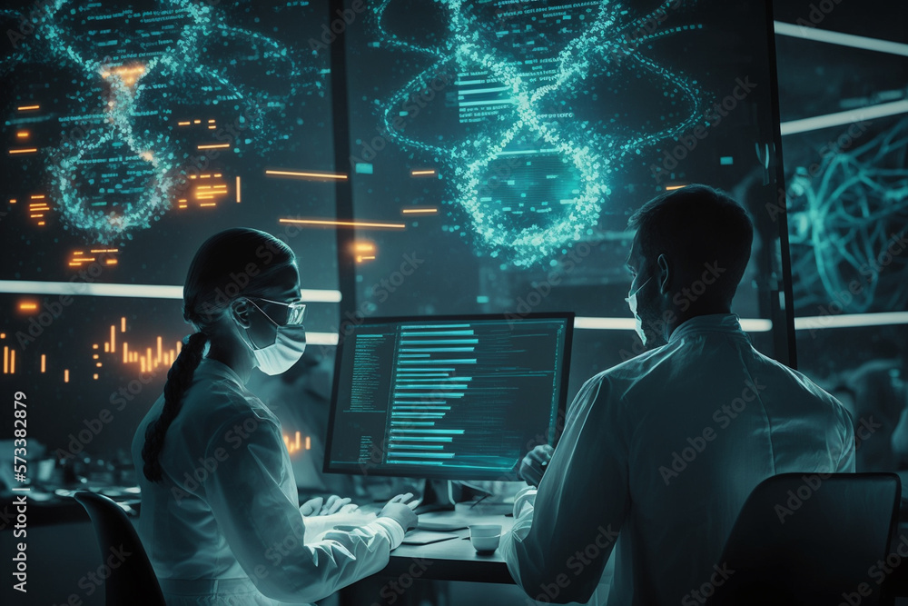 Aufkleber diverse team of medical scientists solve problems and computer screens showing ct, mri scans. image 