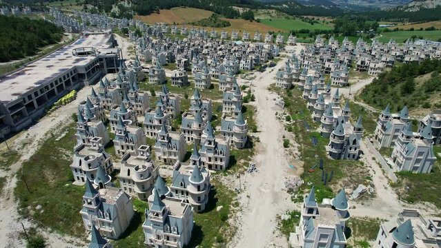 BOLU, TURKEY - JUNE, 2022: Aerial view of Burj Al Babas, development project of many french style mansions, now abandoned and frozen.