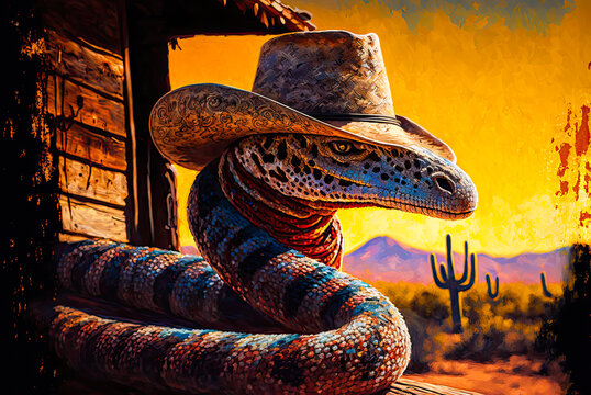 Rattlesnake wearing cowboy hat, Old West. Generative AI