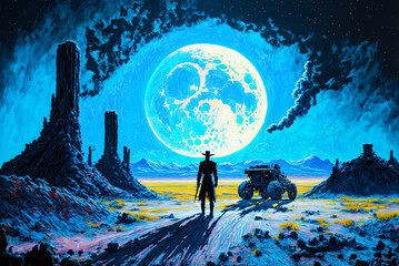 Fototapeta premium Science Fiction Space Western, giant moon, night, Old West. Generative AI