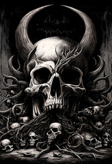 Heavy Metal Poster Illustration with Evil Entity. Skulls, demons and ghosts. Detailed illustration, complex work, generative ai.