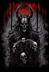 Heavy Metal Poster Illustration with Evil Entity. Skulls, demons and ghosts. Detailed illustration, complex work, generative ai.