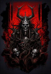 Heavy Metal Poster Illustration with Evil Entity. Skulls, demons and ghosts. Detailed illustration, complex work, generative ai.