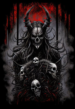 Heavy Metal Poster Illustration with Evil Entity. Skulls, demons and ghosts. Detailed illustration, complex work, generative ai.