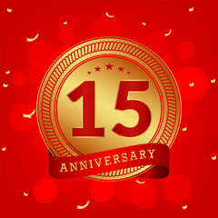 15 years anniversary. Anniversary template design concept with gold and red colors , design for event, invitation card, greeting card, banner, poster, flyer, book cover and print. Vector Eps10