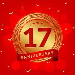 17 years anniversary. Anniversary template design concept with gold and red colors , design for event, invitation card, greeting card, banner, poster, flyer, book cover and print. Vector Eps10