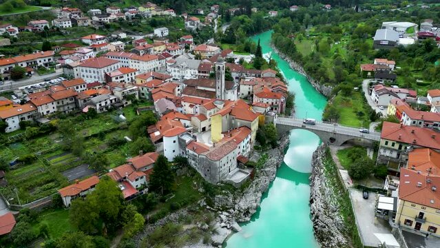 Kanal ob Sobi Town in Slovenia, Soca Valley - Beautiful Aerial Drone View
