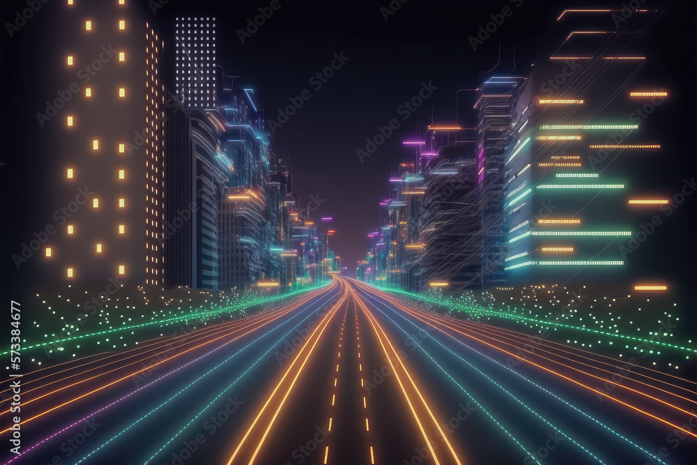 Poster abstract highway path through digital smart city graphic design. peculiar ai generative image.