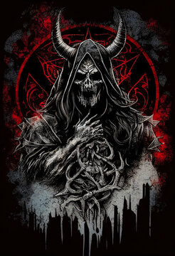 Heavy Metal Poster Illustration with Evil Entity. Skulls, demons and ghosts. Detailed illustration, complex work, generative ai.