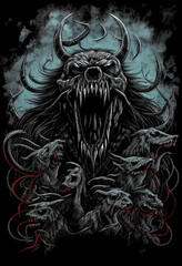 Heavy Metal Poster Illustration with Evil Entity. Skulls, demons and ghosts. Detailed illustration, complex work, generative ai.