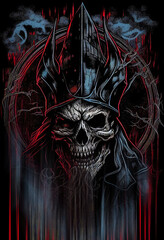 Heavy Metal Poster Illustration with Evil Entity. Skulls, demons and ghosts. Detailed illustration, complex work, generative ai.