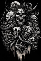 Heavy Metal Poster Illustration with Evil Entity. Skulls, demons and ghosts. Detailed illustration, complex work, generative ai.