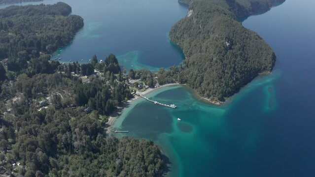 AERIAL - Nahuel Huapi Lake in Arrayanes National Park, Villa La Angostura, Neuquen, Argentina, descending
