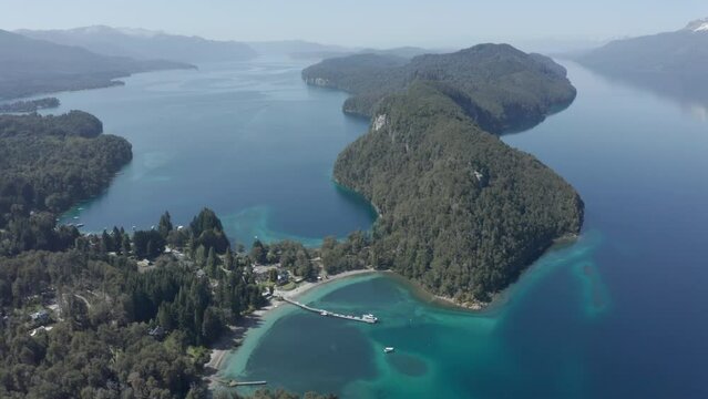 AERIAL - Nahuel Huapi Lake in Arrayanes National Park, Villa La Angostura, Neuquen, Argentina, backwards