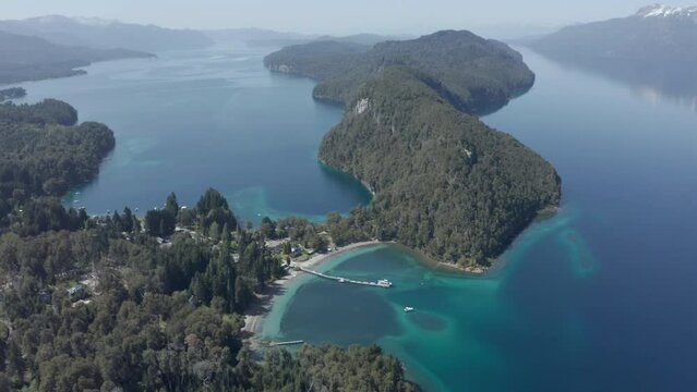 AERIAL - Nahuel Huapi Lake in Arrayanes National Park, Villa La Angostura, Neuquen, Argentina, circling