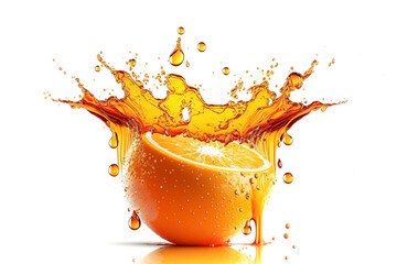 Sweet Orange fruit in juice splash isolated on white. Generative AI