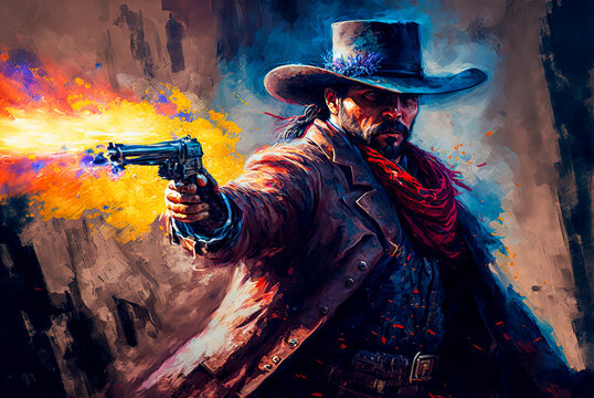 Cowboy or outlaw shooting pistol. Old West. Generative AI