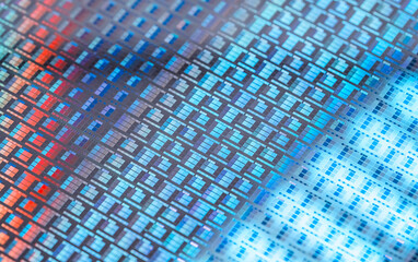 Silicon Wafer with microchips used in electronics for the fabrication of integrated circuits.