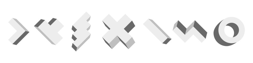 White isometric shapes icon set. Modern abstract geometric icons vector isolated on white background.