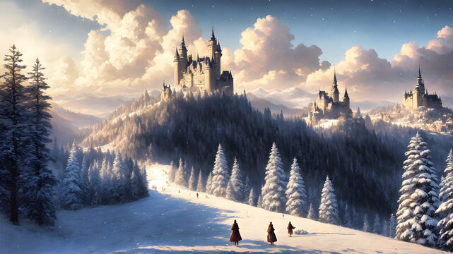 Hermoso Paisaje de Nevada en Castillo Medieval, IA Generativa
