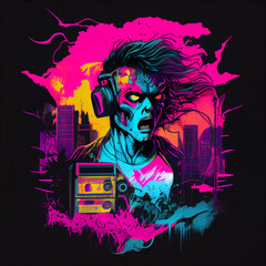 Retro meets the undead in this eye-catching design. Perfect for fans of synthwave, retrowave, and zombies
