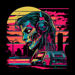 Retro meets the undead in this eye-catching design. Perfect for fans of synthwave, retrowave, and zombies