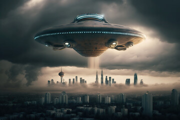 Huge UFO hovering over city buildings. generative AI
