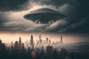 Fototapeta na wymiar Huge UFO hovering over city buildings. generative AI
