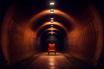 A lone orange leather upholstered chair in abandoned subway tunnel. Generative AI