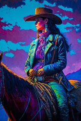 Fototapeta premium Cowgirl on horseback, vertical, Old West. Generative AI