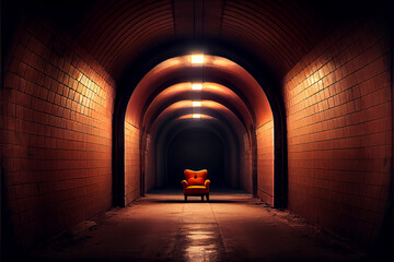 A lone orange leather upholstered chair in abandoned subway tunnel. Generative AI
