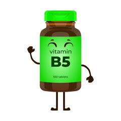 Cute vitamin B5 bottle character vector illustration in trendy flat 3d kawaii doodle design style. Tablets medicine brown bottle icon. Editable graphic resources for many purposes.