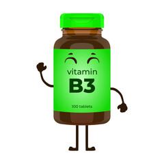 Cute vitamin B3 bottle character vector illustration in trendy flat 3d kawaii doodle design style. Tablets medicine brown bottle icon. Editable graphic resources for many purposes.