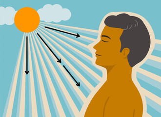 A tan skin man under the sunshine for get more vitamin D from the sun light, healthy lifestyle concept. flat vector illustration.	